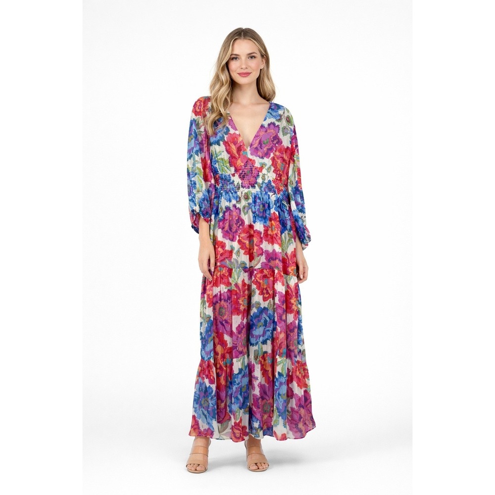 Shoshanna Midnight Dress Womens 12 Pink Floral Maxi Smocked Tiered Metallic